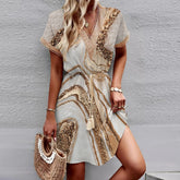 Printed Bat Sleeves Lace V-Neck Dress - Swefashionstore