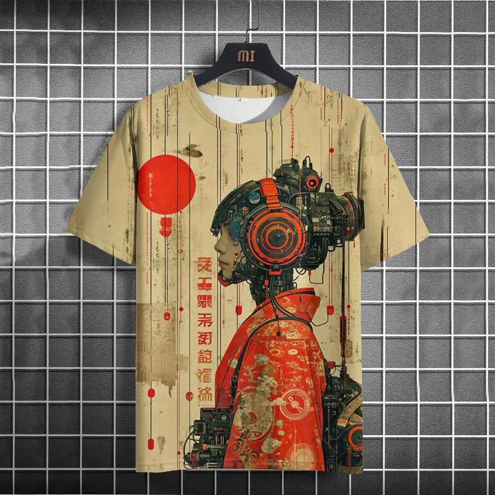 Japanese T-Shirt For Men Mechanical Character Graphic T Shirts Short Sleeve Printing Tees Outdoor Oversized Men&