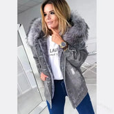 Women Denim Coat Thick Warm Hooded Fur Collar Single Breasted Full Sleeve - Swefashionstore