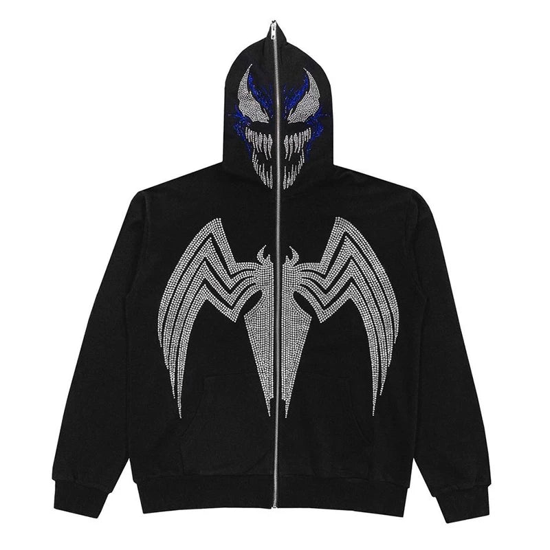 Zzsykd Strass-Kapuzenpullover mit durchgehendem Reißverschluss, Skelett-Gothic-Sweatshirt