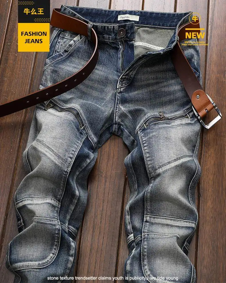 Hochwertige DENIM Jeans RETRO Straight Biker Design