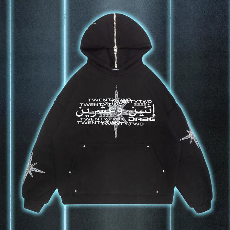 Zzsykd Strass-Kapuzenpullover mit durchgehendem Reißverschluss, Skelett-Gothic-Sweatshirt