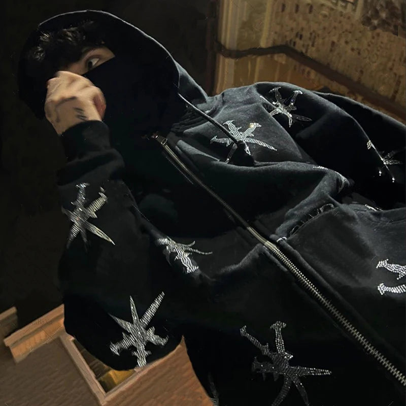 Zzsykd Strass-Kapuzenpullover mit durchgehendem Reißverschluss, Skelett-Gothic-Sweatshirt