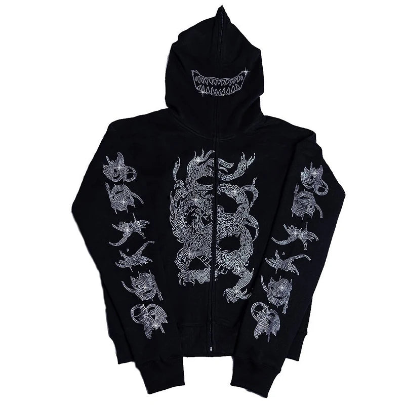 Zzsykd Strass-Kapuzenpullover mit durchgehendem Reißverschluss, Skelett-Gothic-Sweatshirt