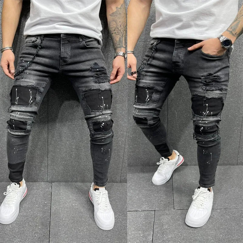 NEW Men Stretchy Ripped Skinny Elastic Jeans