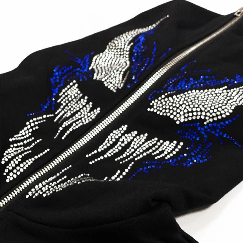 Zzsykd Strass-Kapuzenpullover mit durchgehendem Reißverschluss, Skelett-Gothic-Sweatshirt