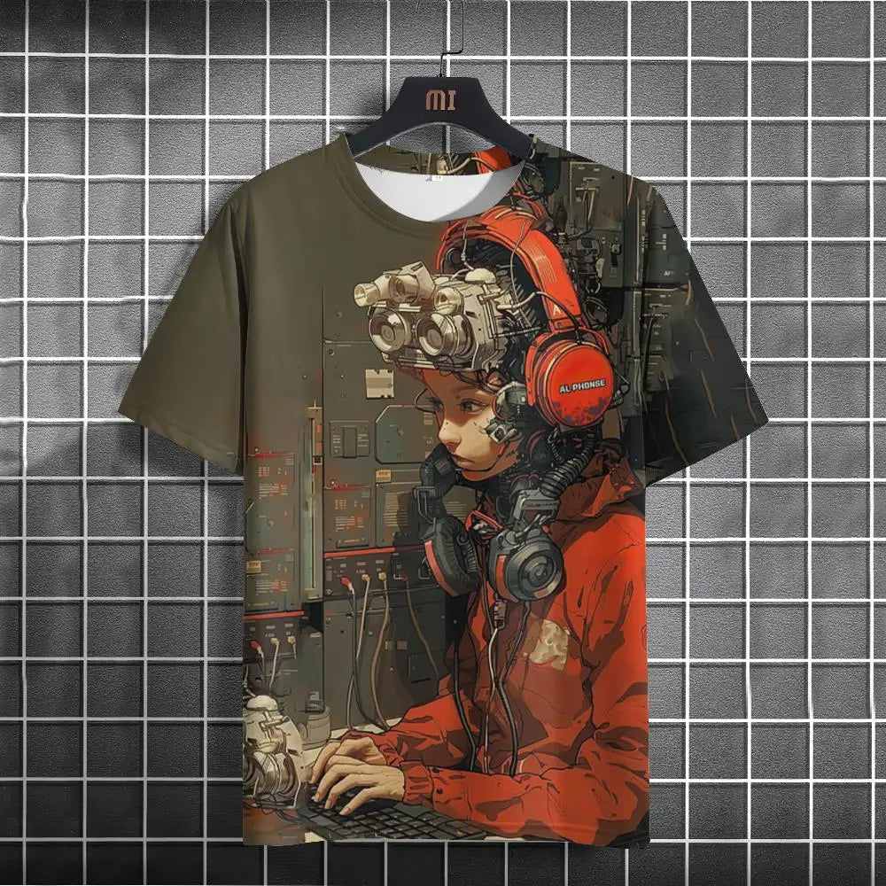 Japanese T-Shirt For Men Mechanical Character Graphic T Shirts Short Sleeve Printing Tees Outdoor Oversized Men&