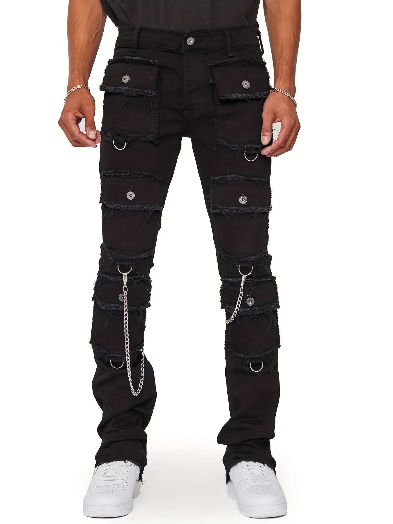Gerade Hose Mid Waist Denim Patchwork Reißverschluss Cargo Jeans