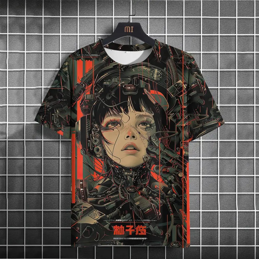 Japanese T-Shirt For Men Mechanical Character Graphic T Shirts Short Sleeve Printing Tees Outdoor Oversized Men&