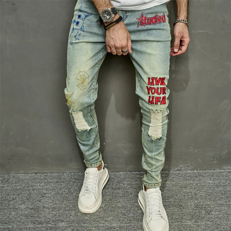 VINTAGE Stilvolle Stickerei RIPPED Hip hop Slim PENCIL Jeans