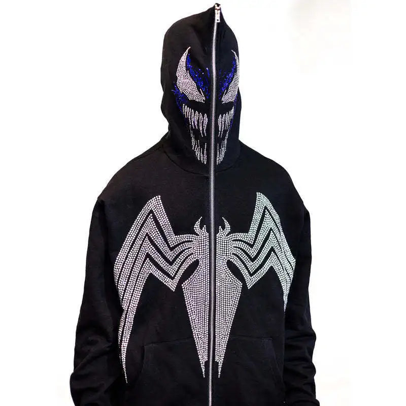 Zzsykd Strass-Kapuzenpullover mit durchgehendem Reißverschluss, Skelett-Gothic-Sweatshirt