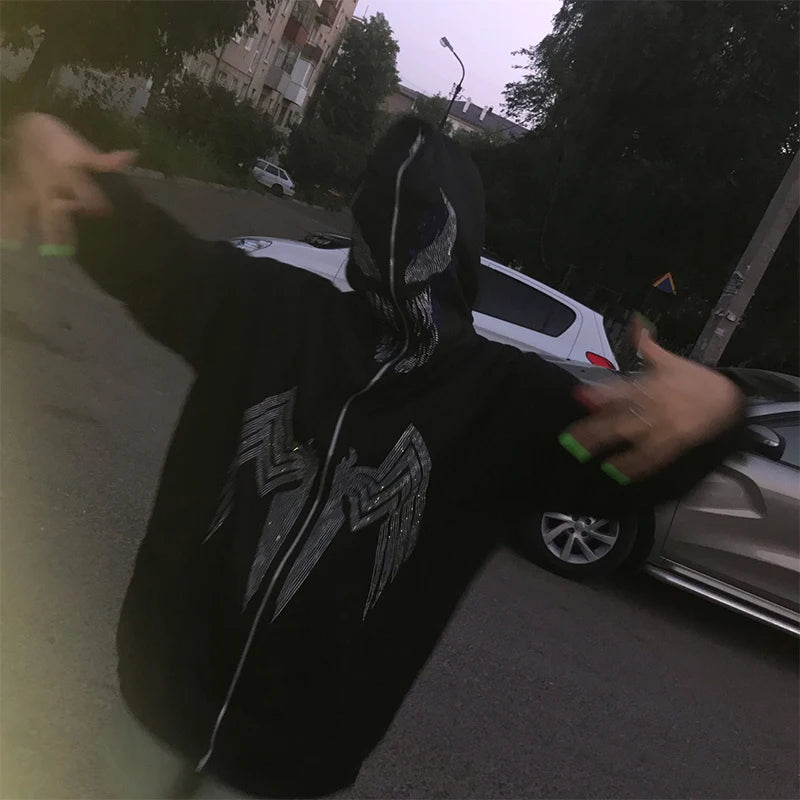 Zzsykd Rhinestone Full-Zip Hoodie Skeleton Goth Sweatshirt - Swefashionstore