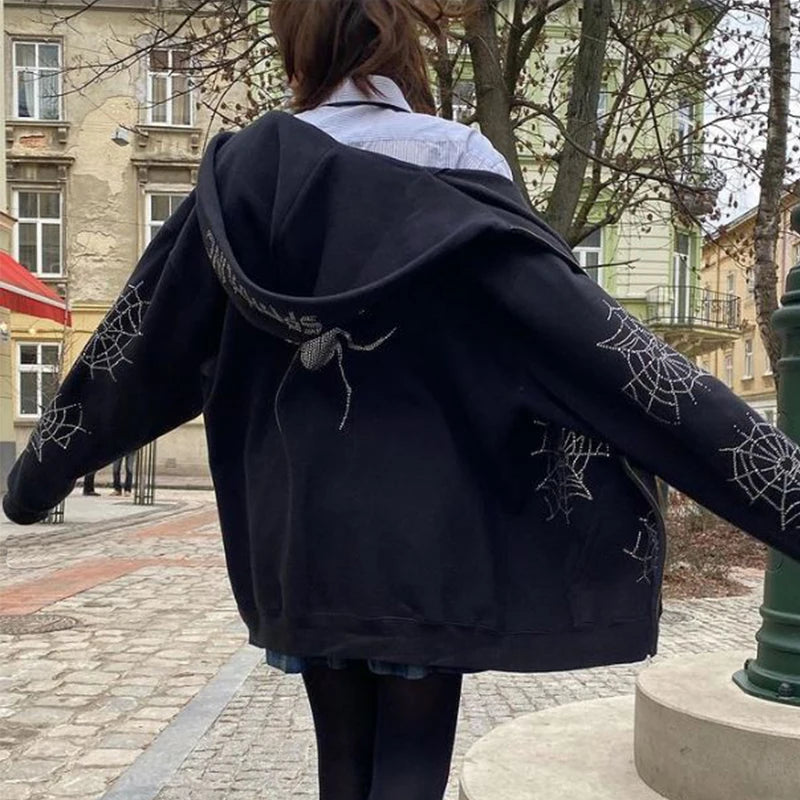 Zzsykd Strass-Kapuzenpullover mit durchgehendem Reißverschluss, Skelett-Gothic-Sweatshirt