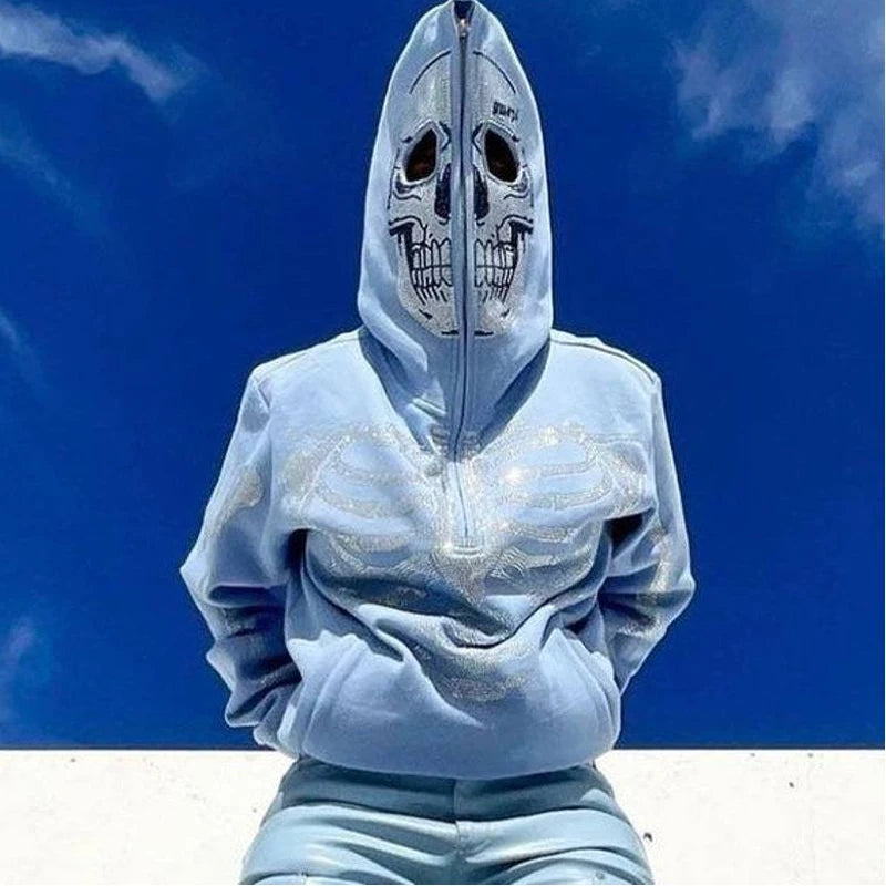 Zzsykd Strass-Kapuzenpullover mit durchgehendem Reißverschluss, Skelett-Gothic-Sweatshirt