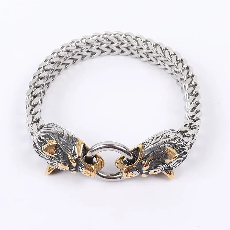 Stainless Steel Double Wolf Head Bracelet - Swefashionstore