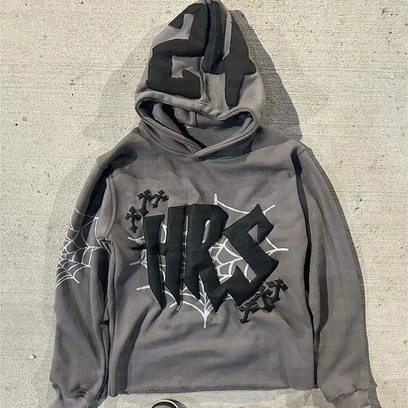 HIZILENT Hoodie Spider-Web Printed Streetwear Y2K - Swefashionstore