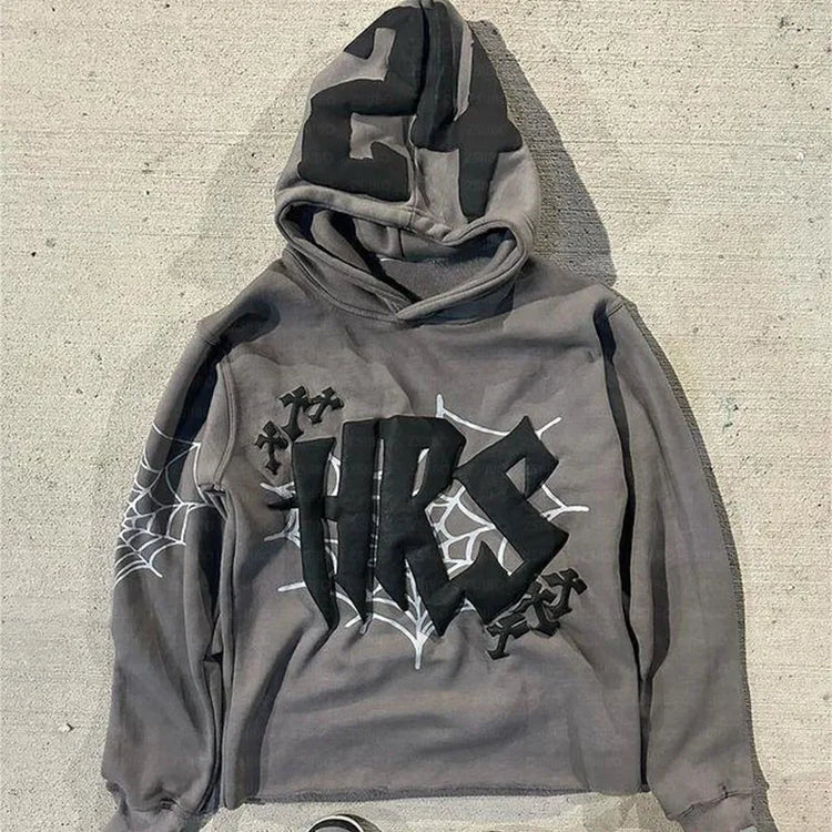 HIZILENT Hoodie Spider-Web Printed Streetwear Y2K - Swefashionstore