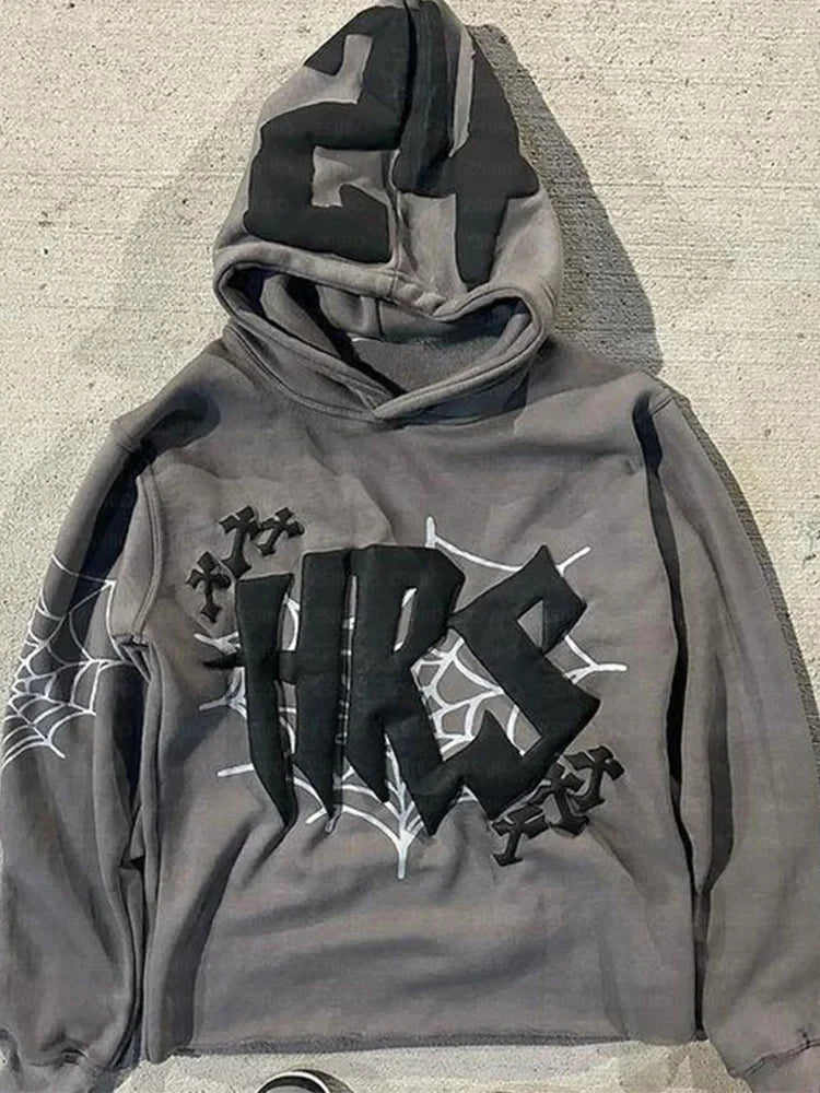 HIZILENT Hoodie Spider-Web Bedruckt Streetwear Y2K