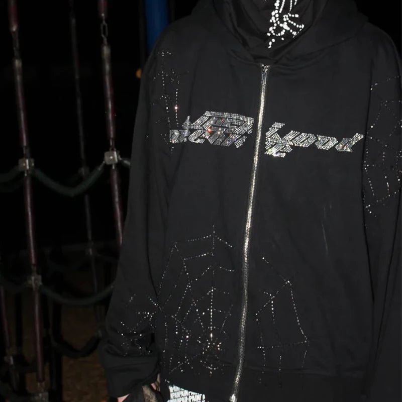 Zzsykd Strass-Kapuzenpullover mit durchgehendem Reißverschluss, Skelett-Gothic-Sweatshirt