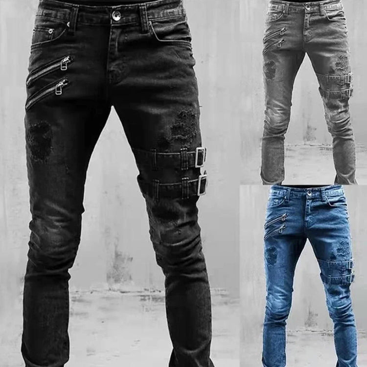 RETRO Moto Biker Straight Elastic Jeans Streetwear Y2K - Swefashionstore