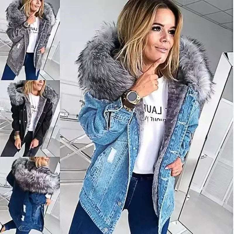 Women Denim Coat Thick Warm Hooded Fur Collar Single Breasted Full Sleeve