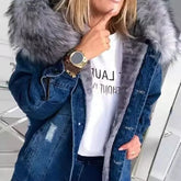 Women Denim Coat Thick Warm Hooded Fur Collar Single Breasted Full Sleeve - Swefashionstore