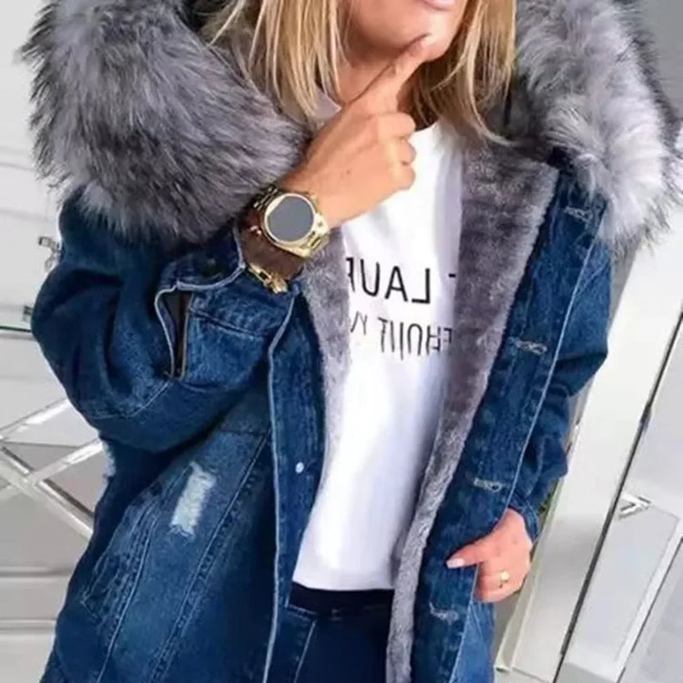 Women Denim Coat Thick Warm Hooded Fur Collar Single Breasted Full Sleeve - Swefashionstore