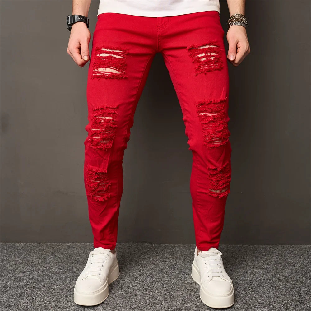High-Street Men HipHop Holes Skinny Stretch Jeans - Swefashionstore