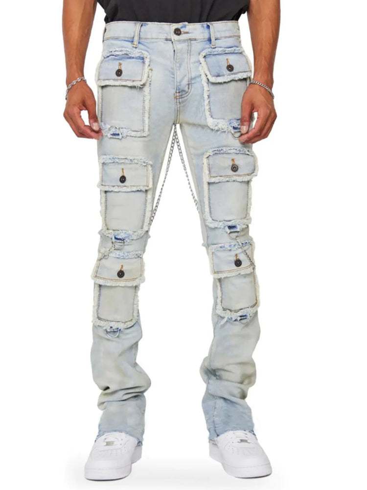 STRAIGHT Pants Mid Waist Denim PATCHWORK Zipper Fly Cargo Jeans - Swefashionstore
