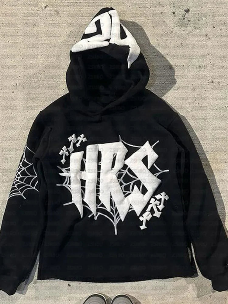 HIZILENT Hoodie Spider-Web Bedruckt Streetwear Y2K