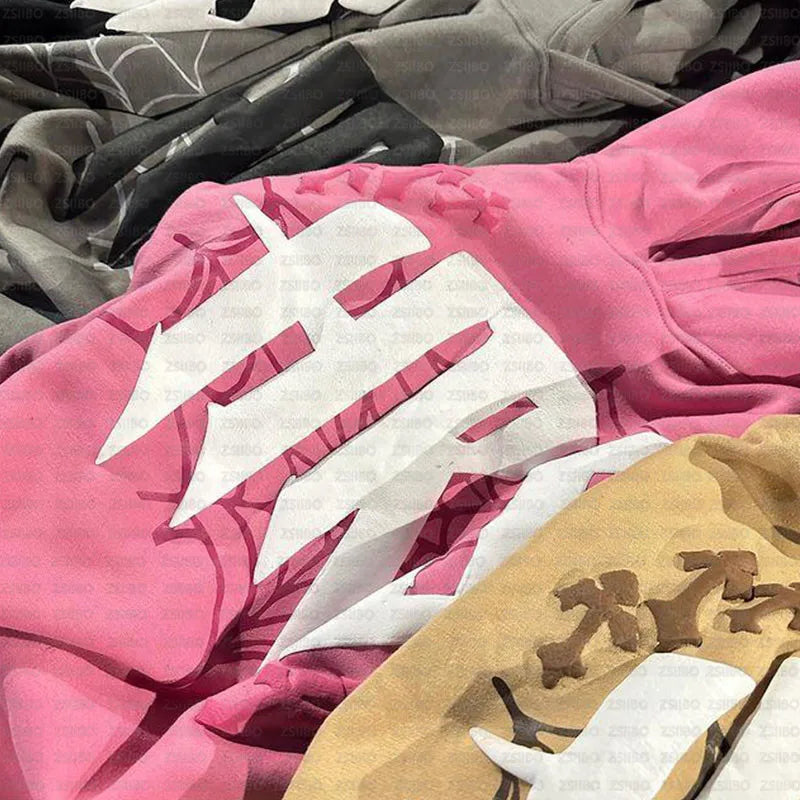 HIZILENT Hoodie Spider-Web Bedruckt Streetwear Y2K