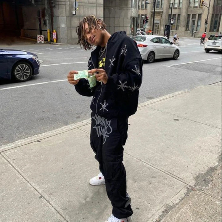 Zzsykd Rhinestone Full-Zip Hoodie Skeleton Goth Sweatshirt - Swefashionstore