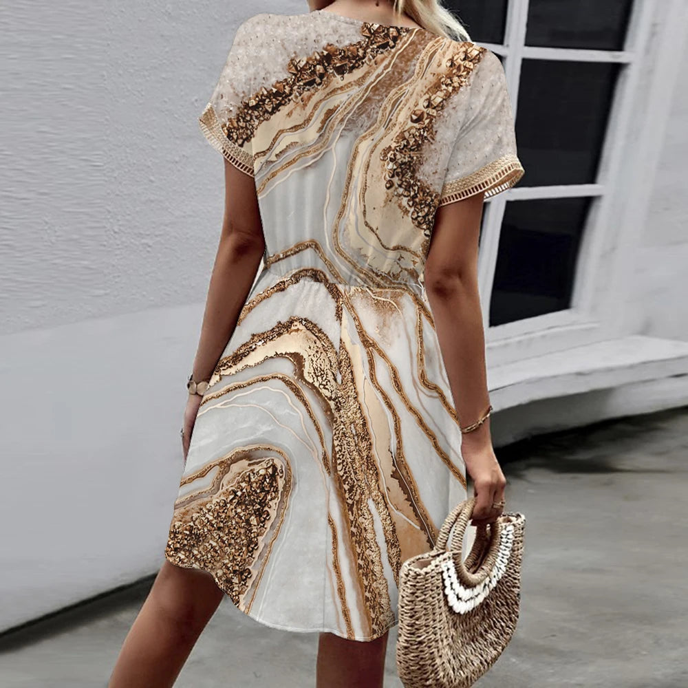 New Spring/Summer Printed Bat Sleeves Lace V-Neck