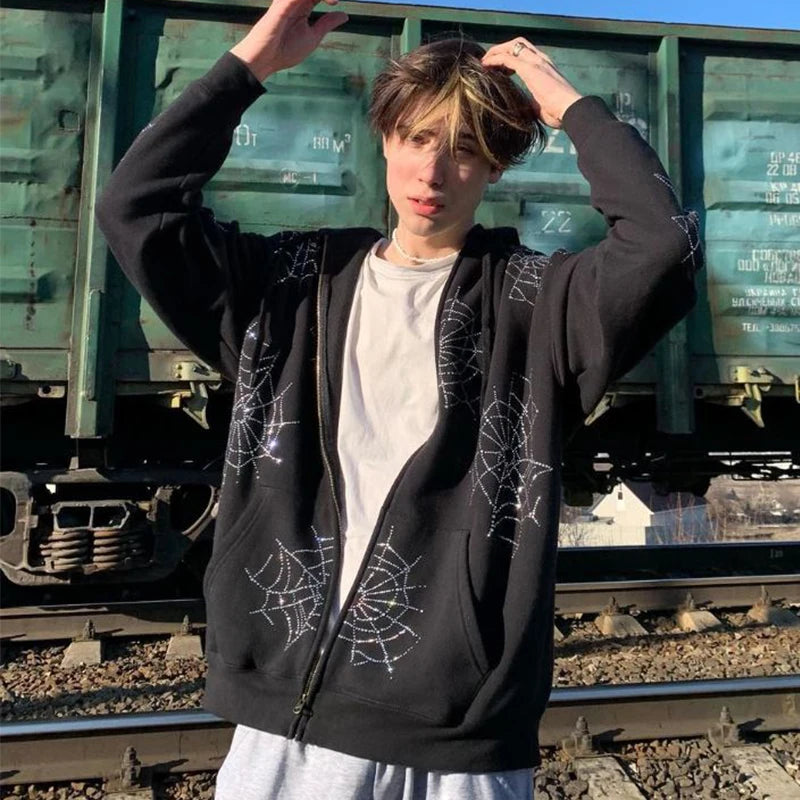 Zzsykd Strass-Kapuzenpullover mit durchgehendem Reißverschluss, Skelett-Gothic-Sweatshirt