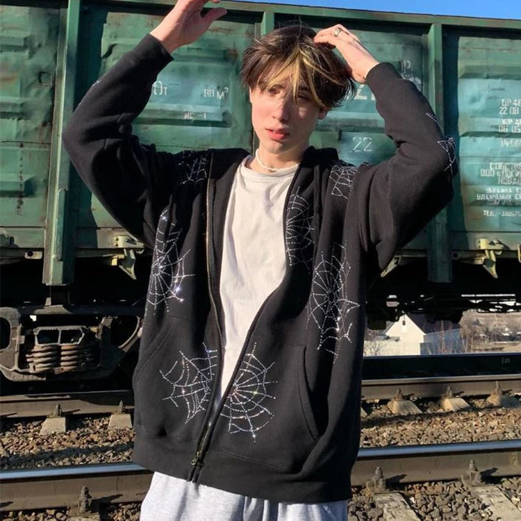 Zzsykd Rhinestone Full-Zip Hoodie Skeleton Goth Sweatshirt - Swefashionstore