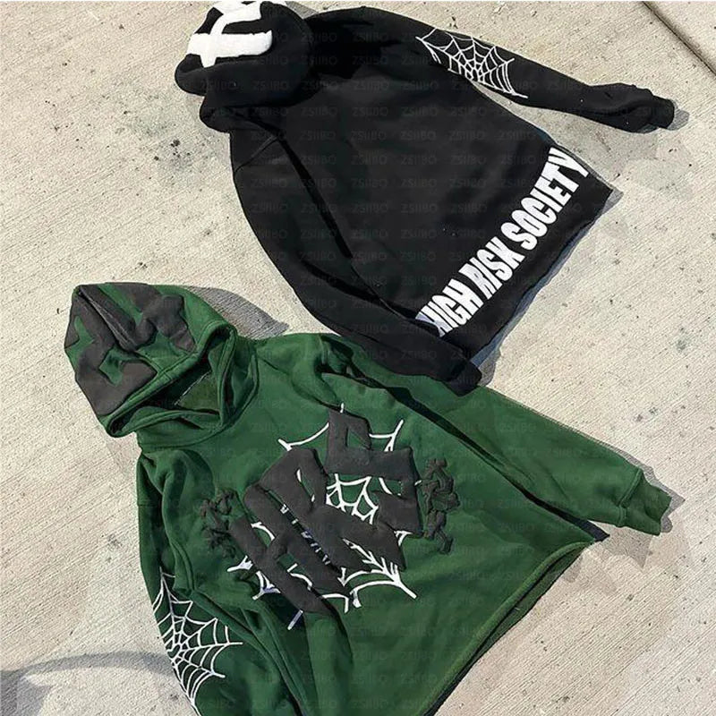 HIZILENT Hoodie Spider-Web Printed Streetwear Y2K - Swefashionstore