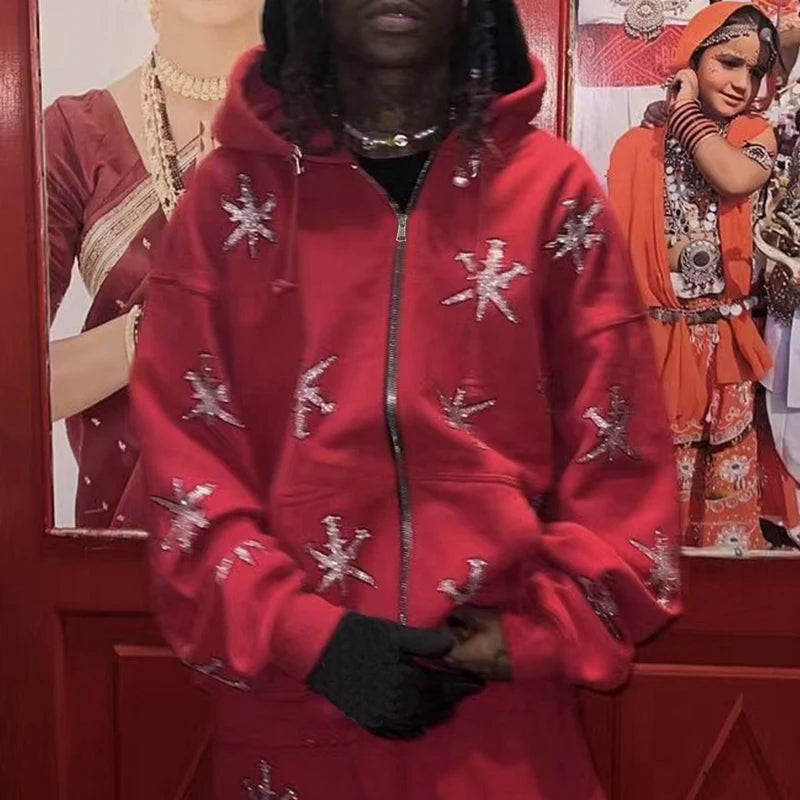 Zzsykd Rhinestone Full-Zip Hoodie Skeleton Goth Sweatshirt - Swefashionstore