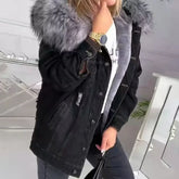 Women Denim Coat Thick Warm Hooded Fur Collar Single Breasted Full Sleeve - Swefashionstore