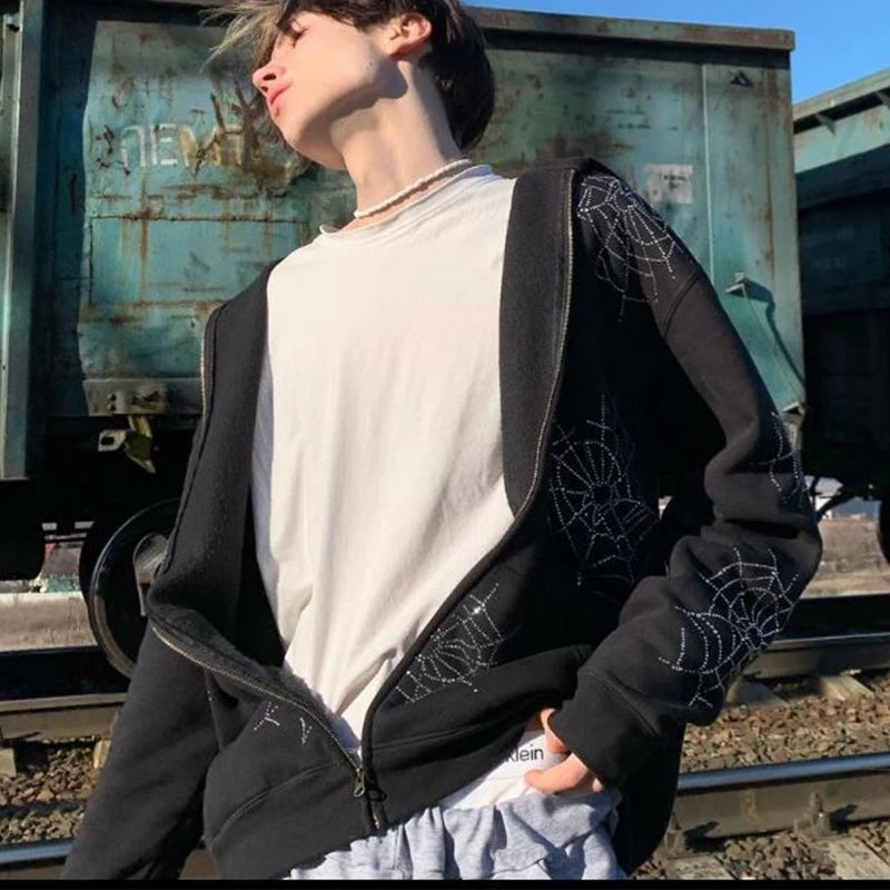 Zzsykd Strass-Kapuzenpullover mit durchgehendem Reißverschluss, Skelett-Gothic-Sweatshirt
