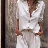 Short-sleeved Suits Fashion Lapel Button Shirt Top And Pocket Shorts Women&
