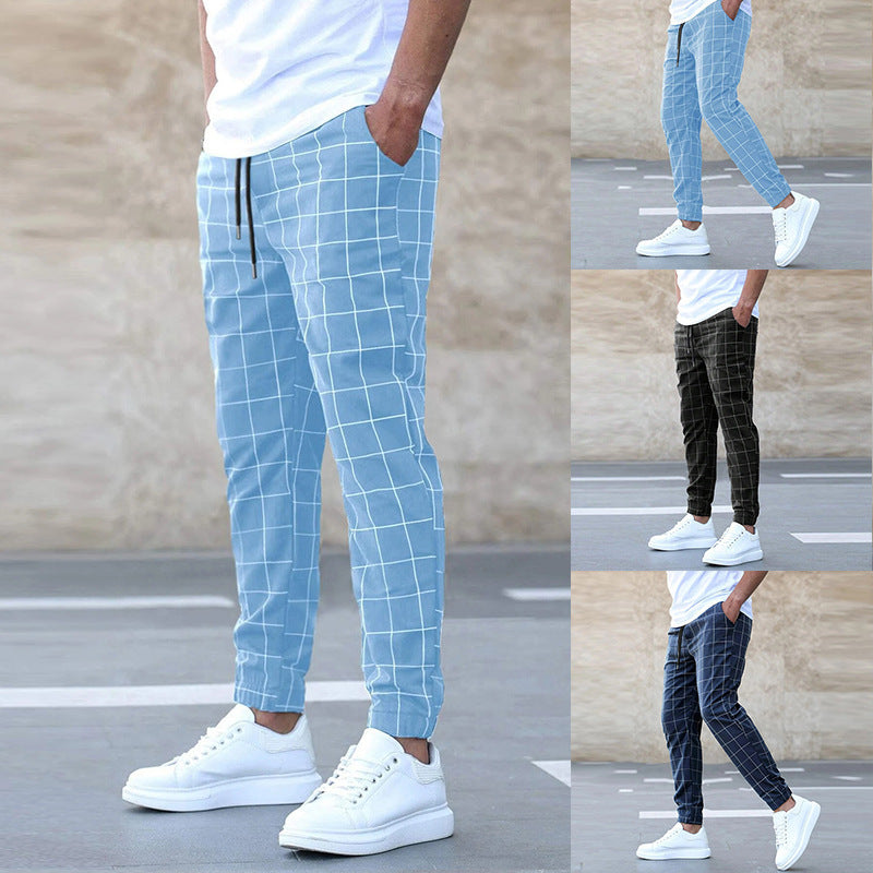 Fashion Plaid Print Pants Casual Drawstring Trousers Men&