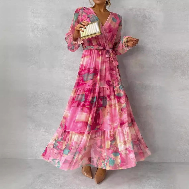 Long-sleeved Floral Print Dress Elegant V-neck Pleated High-waisted Big Swing Chiffon Maxi Dresses For Women Clothing - Swefashionstore