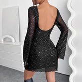 Elegant Black Mesh Sequins Backless Slim Fit Long Sleeve Dress - Swefashionstore