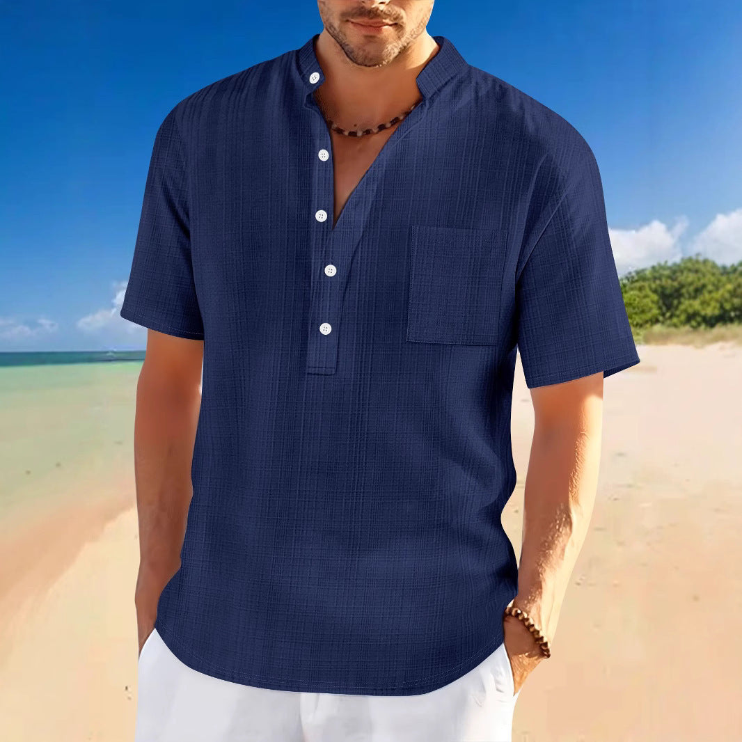 Stand Collar Short Sleeve Henley Shirt - Swefashionstore