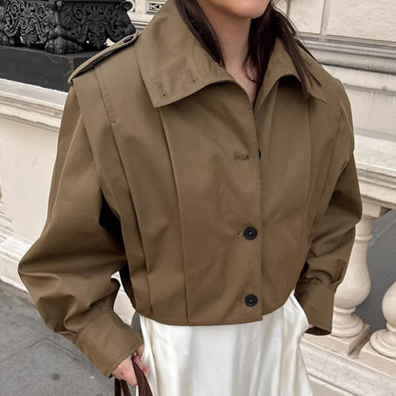Khaki Lapel Simple Single-breasted Coat - Swefashionstore