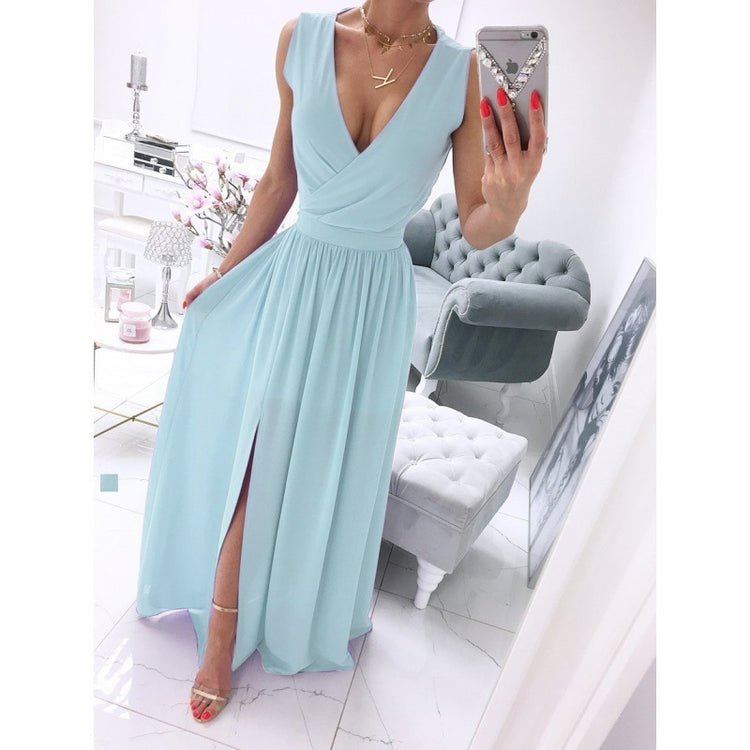 Summer Sleeveless And Ankle Skirt Solid V-neck Front Split Long Dress - Swefashionstore