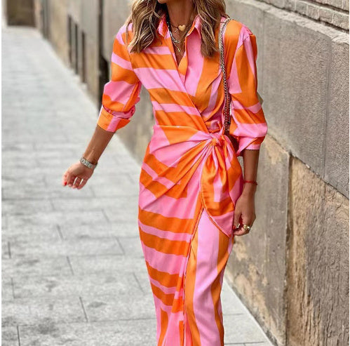 Fashion Printed Shirt Dress With Belt Slim Fit Three-quarter Sleeve Lapel Dress For Women Clothing - Swefashionstore