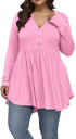 FASION V-neck Buttons Pleated Long Sleeve Plus Size T-shirt - Swefashionstore