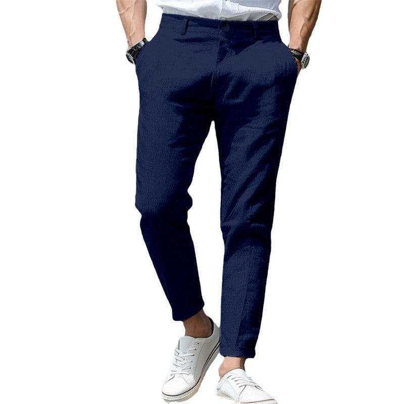 LINEN SUMMER Button Front Slant Pocket Straight-leg Trousers