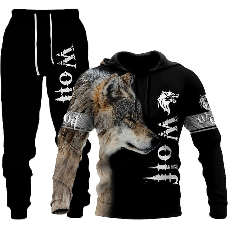 Newcomer Wolf Print Tracksuit Men Sportswear Hooded Sweatsuit